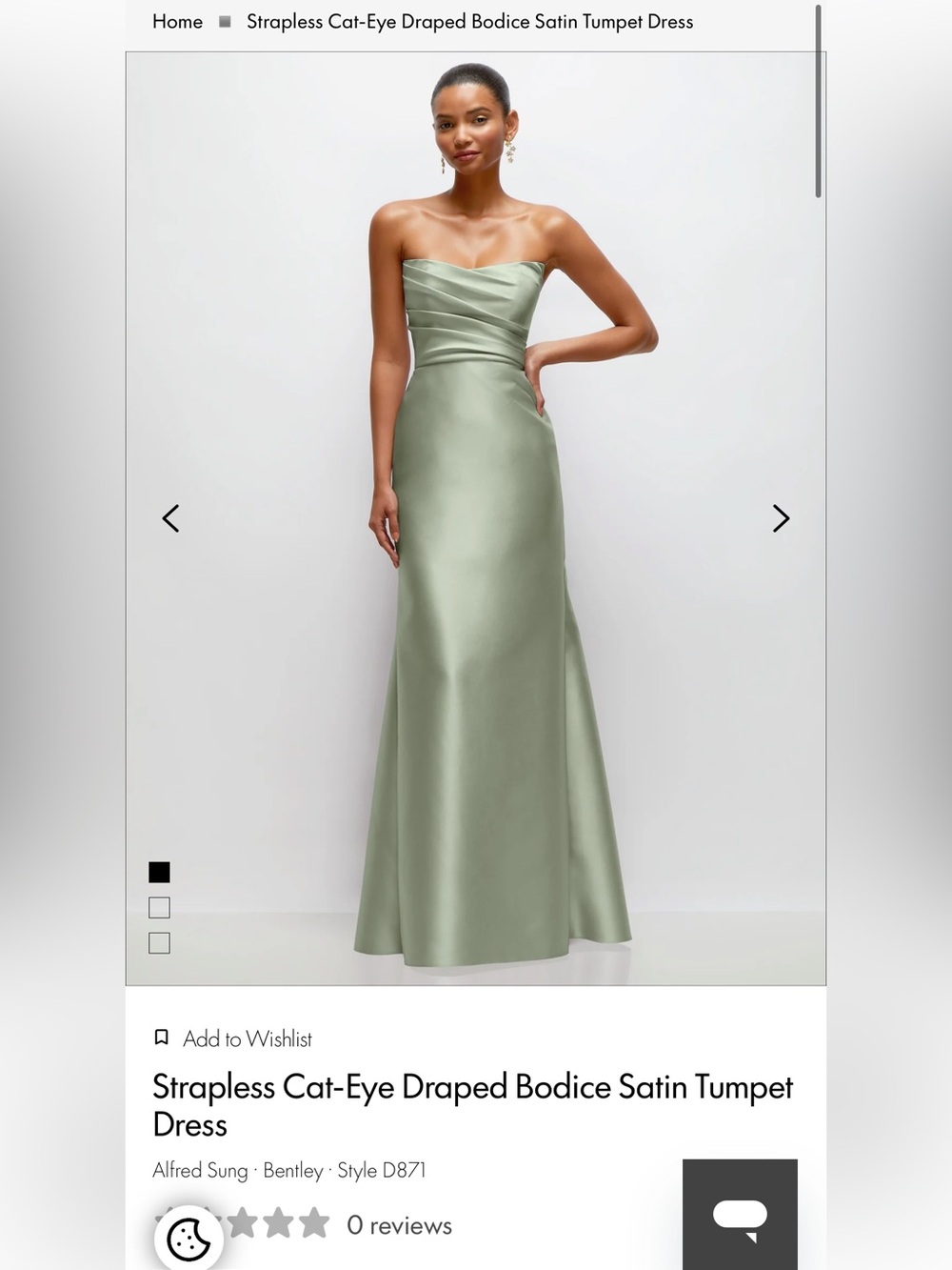 Alfred Sung Strapless Draped Satin Trumpet Dress in Sage